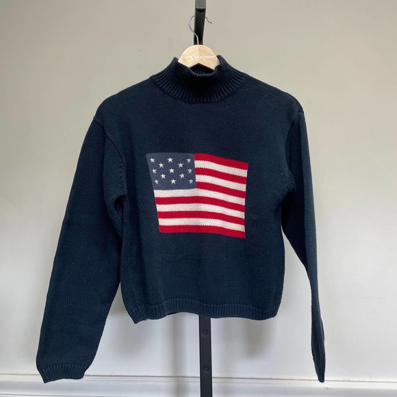 Vintage Sweaters - SOLD 90s Vintage Cotton Classic American Flag Mock Turtleneck Cropped Sweater